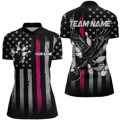 Custom Pink US Flag Eagle Bowling Jersey for Women Bowling Uniform Polo & 1/4 Zip Bowling Team Shirts HNT119