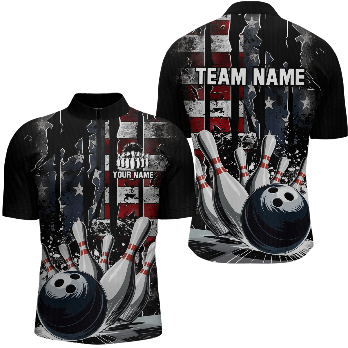 Custom Cracked US Flag Bowling Men Bowling Shirt Polo & Quarter-Zip Bowling Team Jerseys HNT86