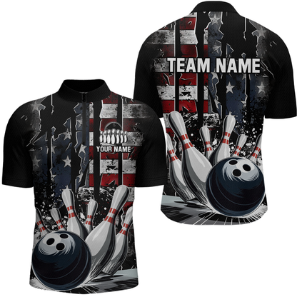 Custom Cracked US Flag Bowling Men Bowling Shirt Polo & Quarter-Zip Bowling Team Jerseys HNT86