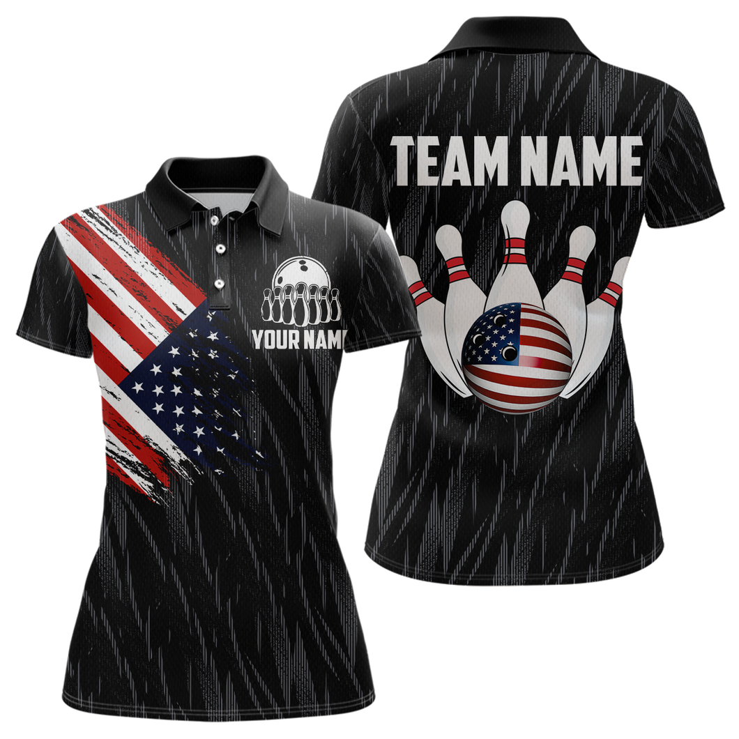 US Flag Personalized Bowling Team Shirts For Women Bowling League Polo & 1/4 Zip Shirt HNT11