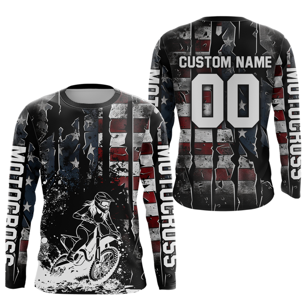 US Flag Women Motocross Shirt Racing Jersey UPF30+ Dirt Bike Jersey Off-Road Shirt DNT69