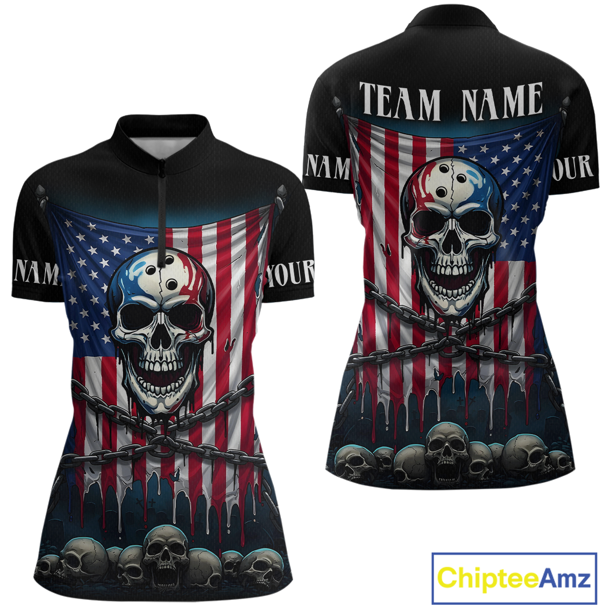 US Flag Skull Bowling Custom Women Bowling Shirt Polo & Quarter-Zip Bowling Team Shirts HNT74