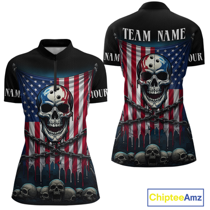 US Flag Skull Bowling Custom Women Bowling Shirt Polo & Quarter-Zip Bowling Team Shirts HNT74