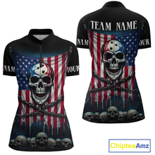 Load image into Gallery viewer, US Flag Skull Bowling Custom Women Bowling Shirt Polo &amp; Quarter-Zip Bowling Team Shirts HNT74