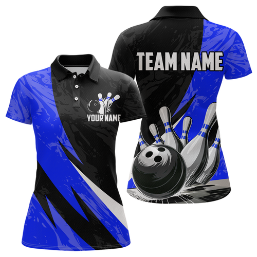 Custom Blue Bowling Custom Women Bowling Shirt Polo & Quarter-Zip Bowling Team Jerseys HNT75