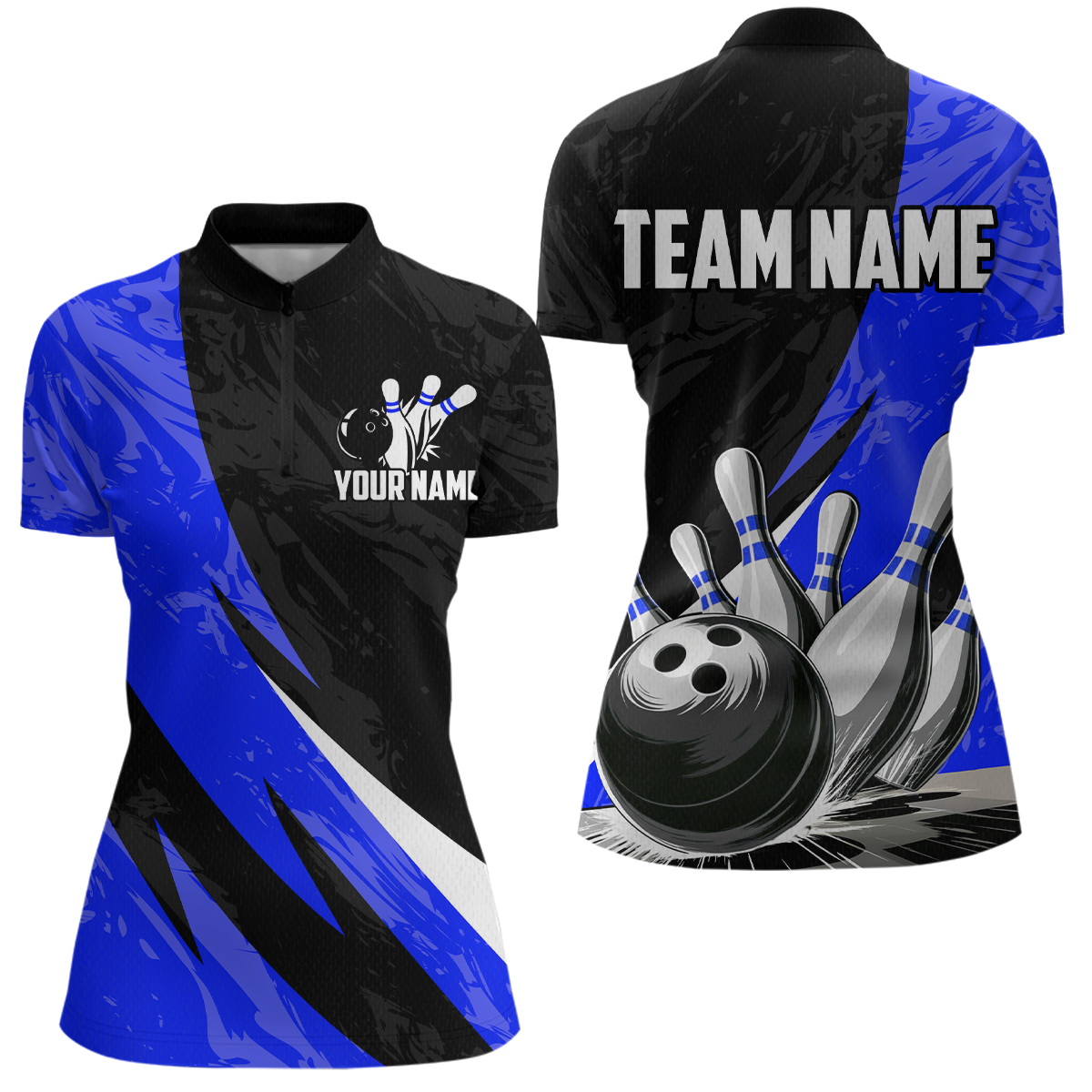 Custom Blue Bowling Custom Women Bowling Shirt Polo & Quarter-Zip Bowling Team Jerseys HNT75