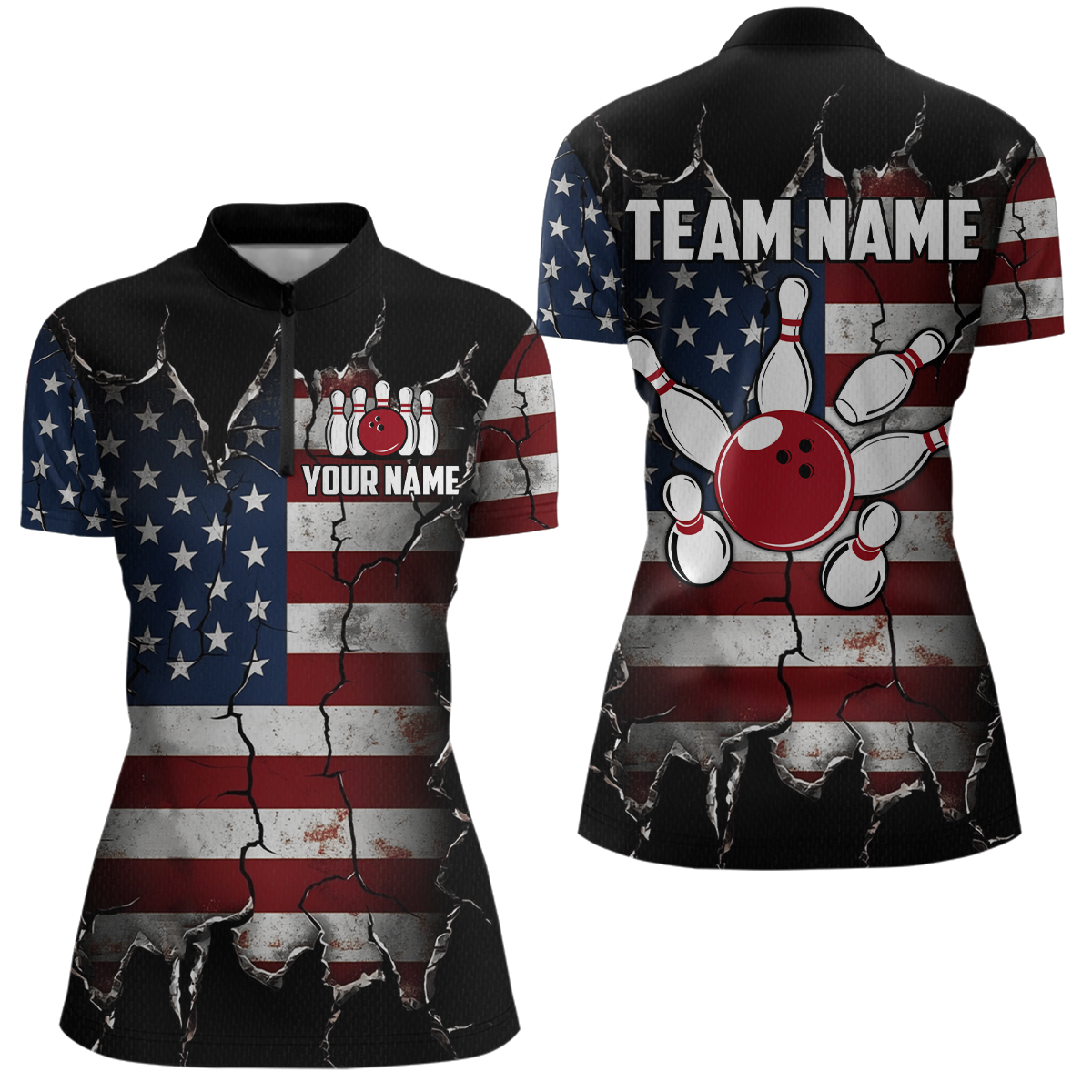 Custom US Flag Bowling Jersey for Women Bowling Team Shirts Bowling Uniform Polo & 1/4 Zip HNT161