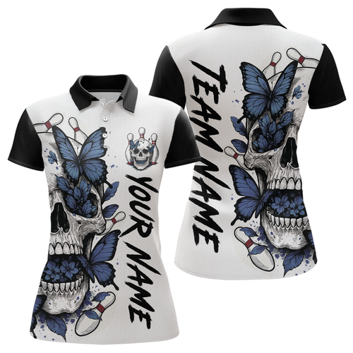 Blue Butterfly Skull Bowling Women Bowling Shirt Polo & Quarter-Zip Bowling Team Jerseys HNT80