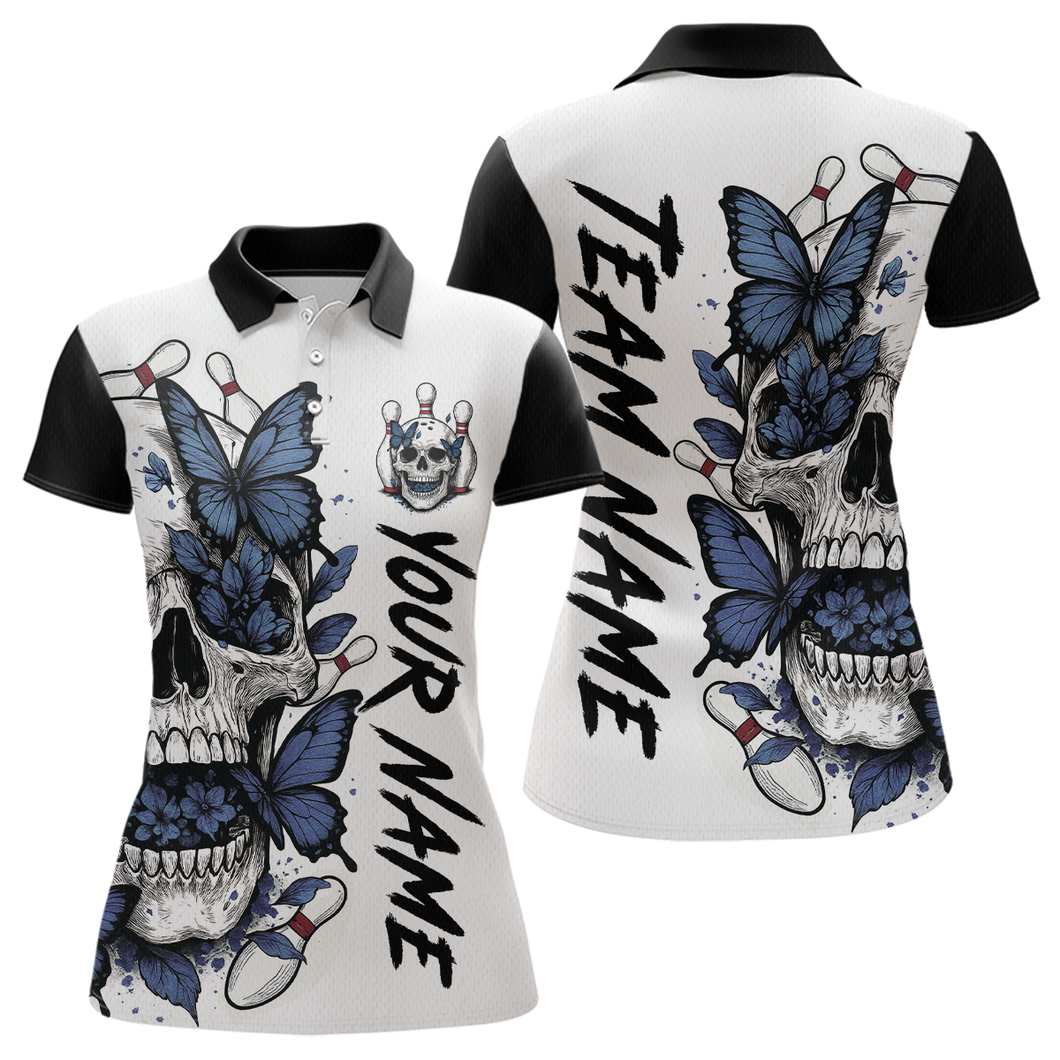 Blue Butterfly Skull Bowling Women Bowling Shirt Polo & Quarter-Zip Bowling Team Jerseys HNT80