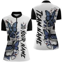 Load image into Gallery viewer, Blue Butterfly Skull Bowling Women Bowling Shirt Polo &amp; Quarter-Zip Bowling Team Jerseys HNT80