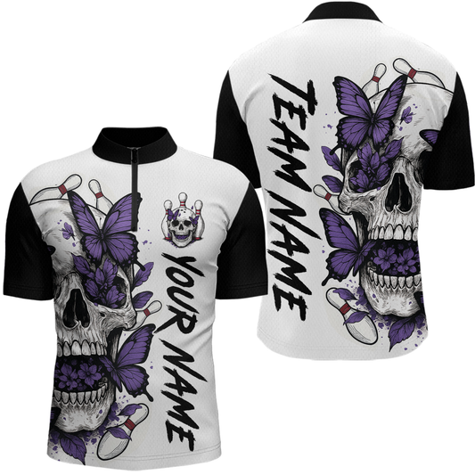 Purple Butterfly Skull Bowling Men Bowling Shirt Polo & Quarter-Zip Bowling Team Jerseys HNT80