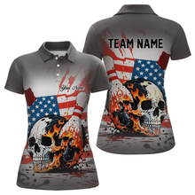 Load image into Gallery viewer, Custom American Flag Skull Flame Bowling Women Polo &amp; 1/4 Zip Shirts Bowling Team Jerseys HNT91