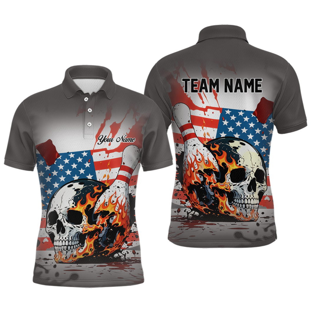 Custom American Flag Skull Flame Bowling Men Polo & 1/4 Zip Shirts Bowling Team Jerseys HNT91