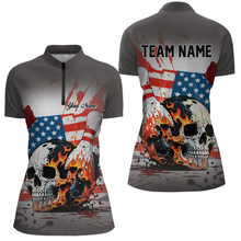 Load image into Gallery viewer, Custom American Flag Skull Flame Bowling Women Polo &amp; 1/4 Zip Shirts Bowling Team Jerseys HNT91