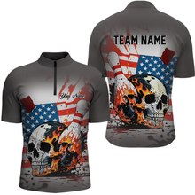Load image into Gallery viewer, Custom American Flag Skull Flame Bowling Men Polo &amp; 1/4 Zip Shirts Bowling Team Jerseys HNT91