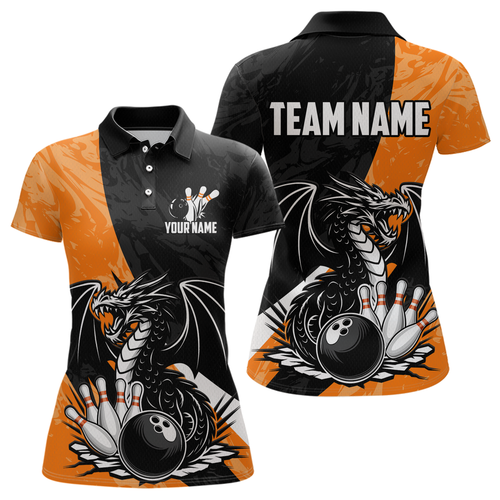 Custom Orange Dragon Bowling Women Shirts Bowling Uniform Polo & 1/4 Zip Bowling Team Jerseys HNT103