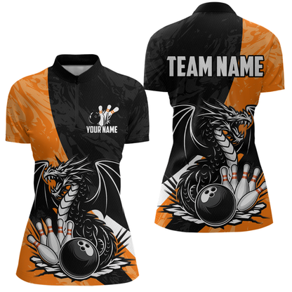 Custom Orange Dragon Bowling Women Shirts Bowling Uniform Polo & 1/4 Zip Bowling Team Jerseys HNT103