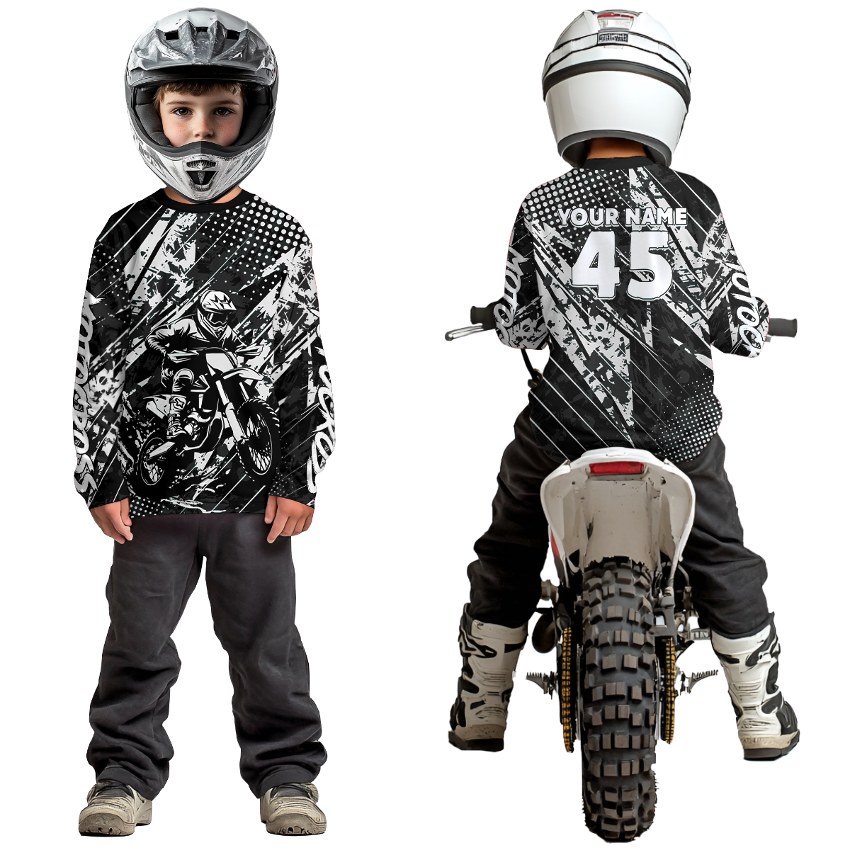 Black Youth Motocross Shirts Custom Dirt Bike Racing Jersey for Kid Men Women UPF30+ DNT19