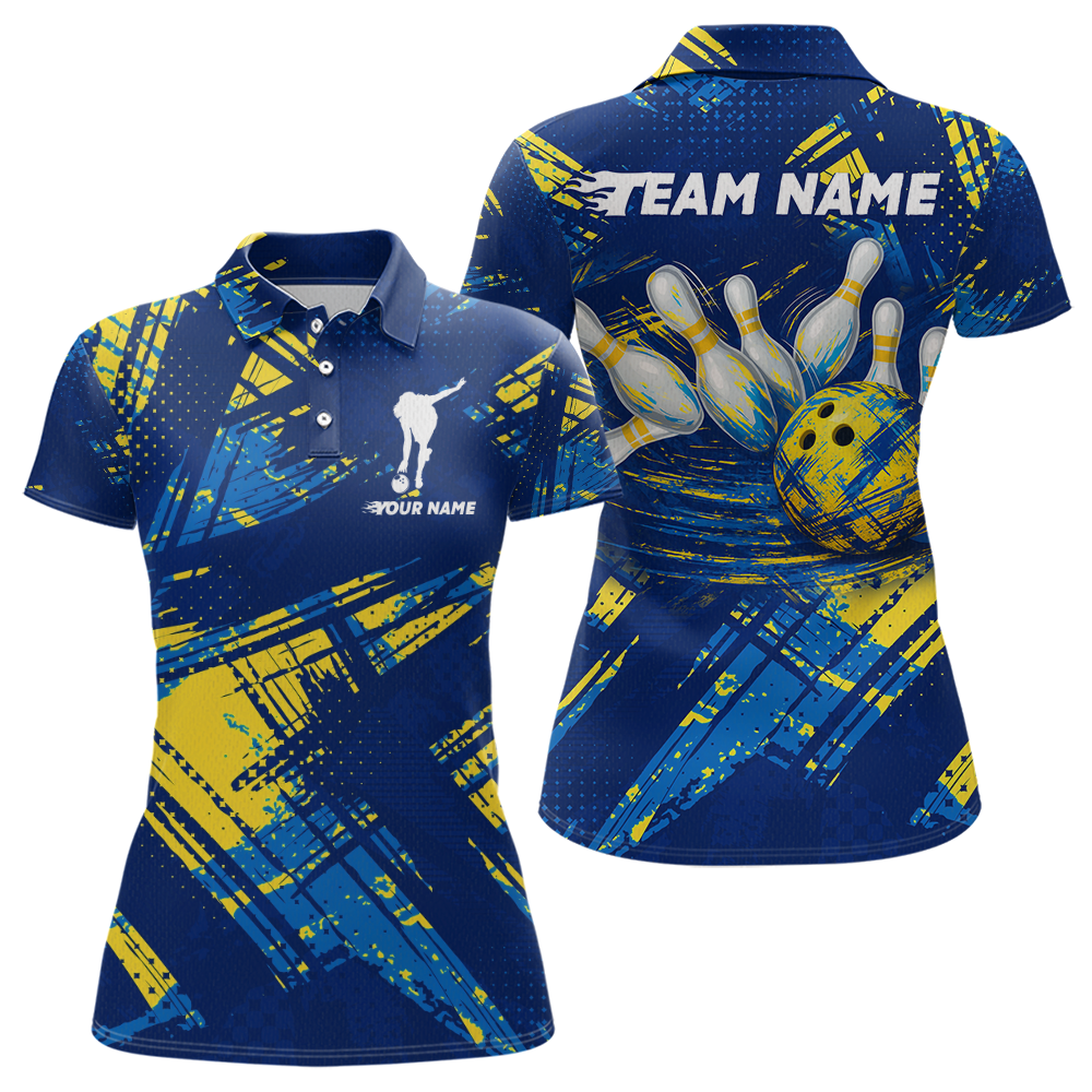 Custom Blue Yellow Bowling Jersey for Women Bowling Uniform Polo & 1/4 Zip Bowling Team Shirts HNT122