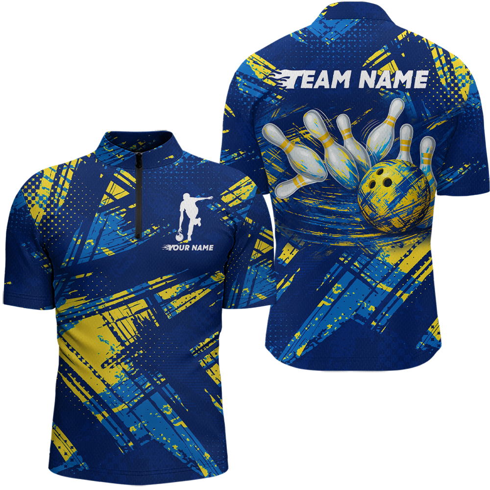 Custom Blue Yellow Bowling Jersey for Men Bowling Uniform Polo & 1/4 Zip Bowling Team Shirts HNT122