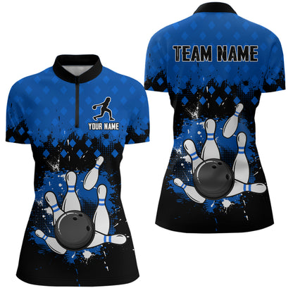 Custom Blue Bowling Jersey For Men Bowling Shirt Team Bowling Quarter-Zip Shirt CP09