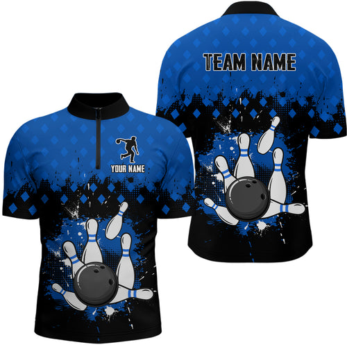 Custom Blue Bowling Jersey For Men Bowling Shirt Team Bowling Quarter-Zip Shirt CP09