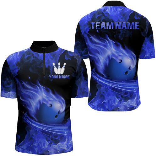 Custom Blue Flame Bowling Jersey For Men Bowling Shirt Team Bowling Quarter-Zip Shirt CP08