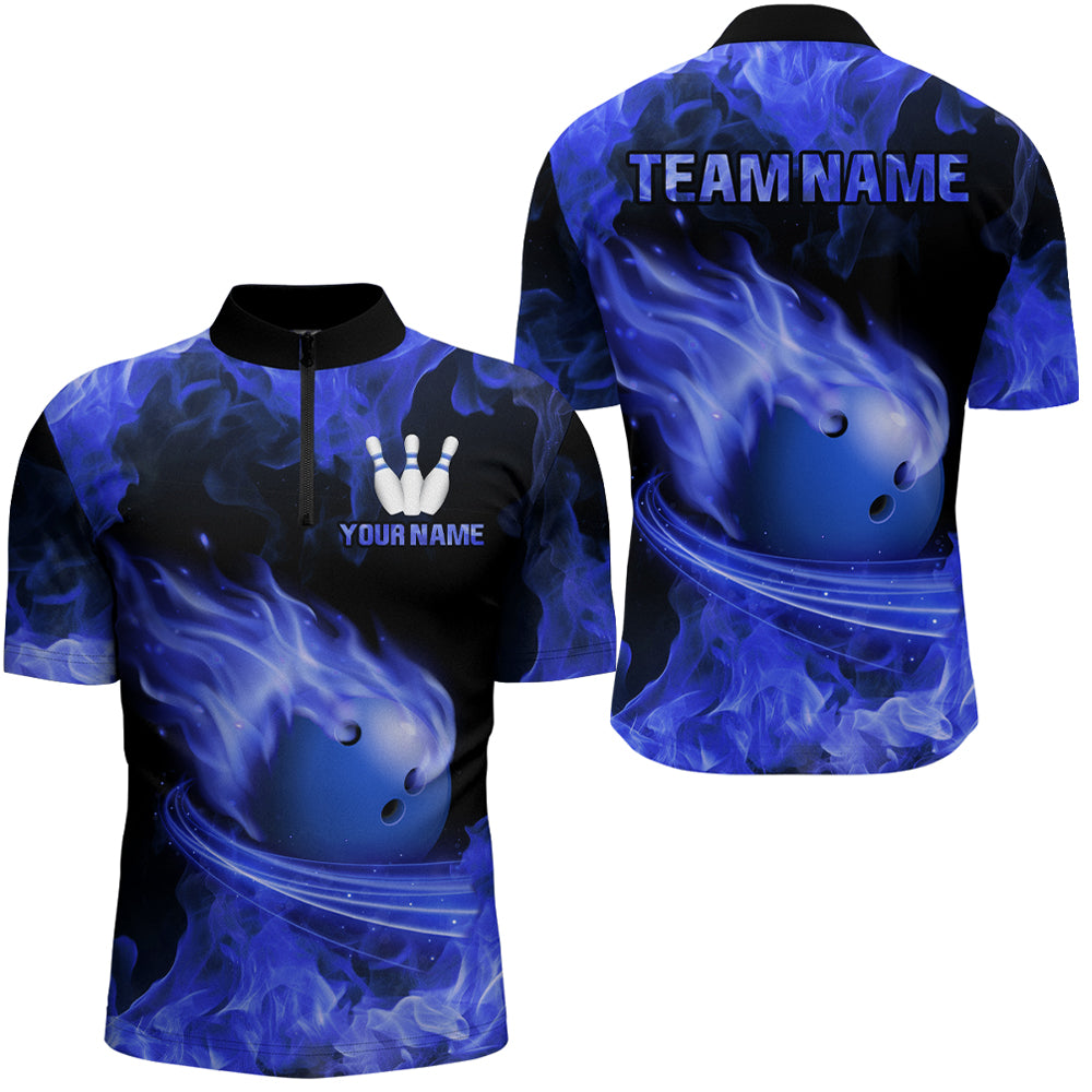 Custom Blue Flame Bowling Jersey For Men Bowling Shirt Team Bowling Quarter-Zip Shirt CP08