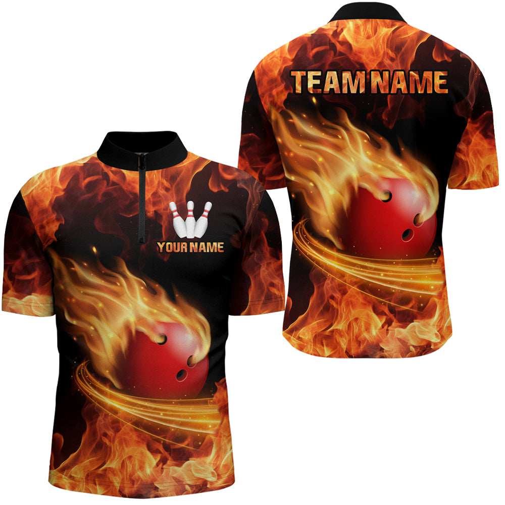 Custom Red Flame Bowling Jersey For Men Bowling Shirt Team Bowling Quarter-Zip Shirt CP08