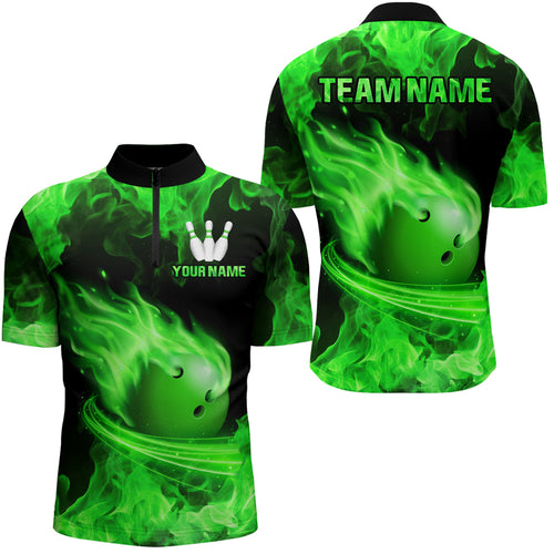 Custom Green Flame Bowling Jersey For Men Bowling Shirt Team Bowling Quarter-Zip Shirt CP08