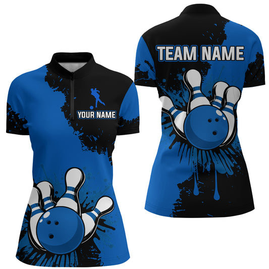 Custom Blue Bowling Jersey For Men Bowling Shirt Team Bowling Quarter-Zip Shirt CP05