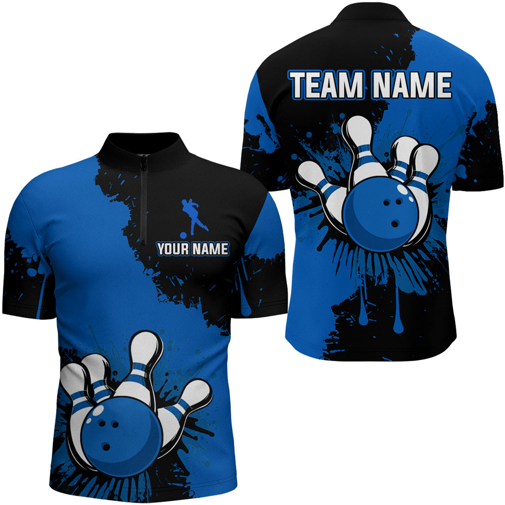 Custom Blue Bowling Jersey For Men Bowling Shirt Team Bowling Quarter-Zip Shirt CP05