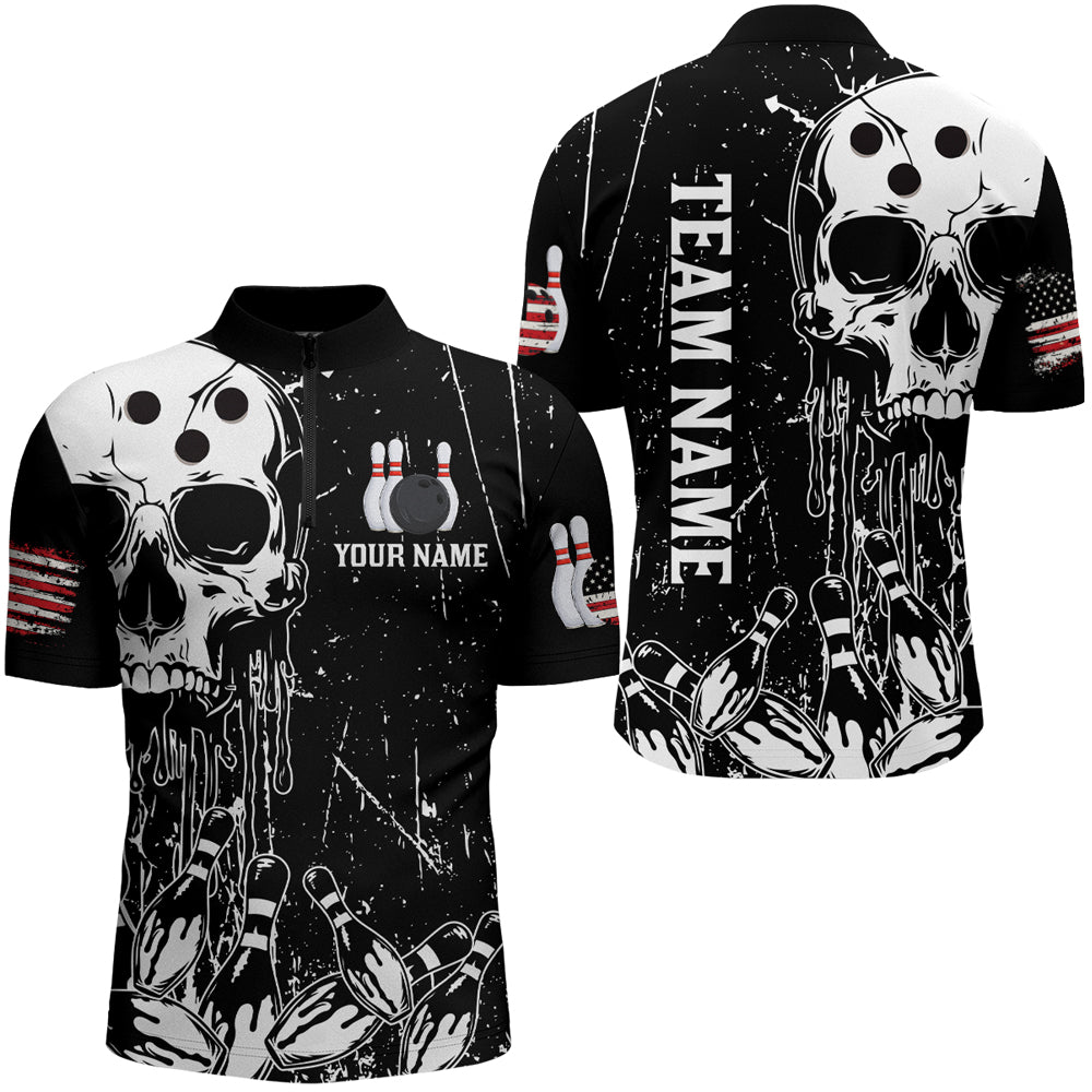 American Skull Bowling 1/4 Zip Shirt Men & Women Custom Bowling Team Jersey Patriotic CP01