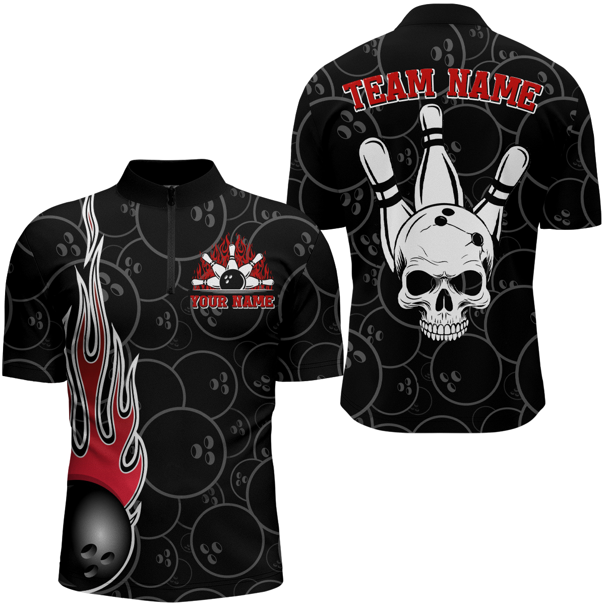 Men Skull Bowling Jersey Custom Bowling Team Shirts Unisex Bowling Men Short Sleeve Quarter-zip Shirt CP30