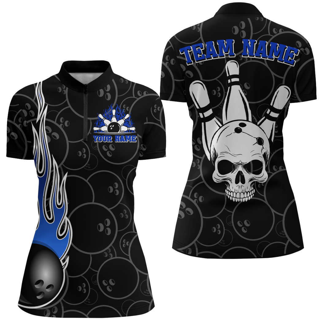 Women Skull Bowling Jersey Custom Bowling Team Shirts Unisex Bowling Women Short Sleeve Quarter-zip Shirt CP30
