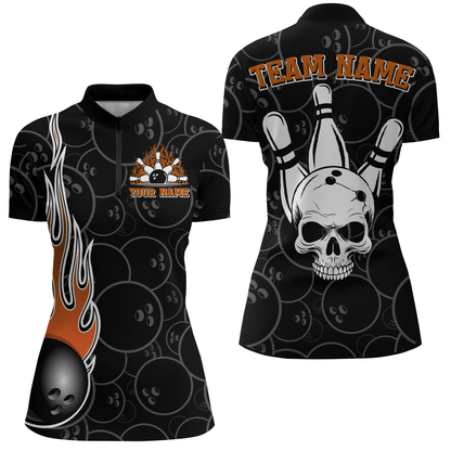 Women Skull Bowling Jersey Custom Bowling Team Shirts Unisex Bowling Women Short Sleeve Quarter-zip Shirt CP30