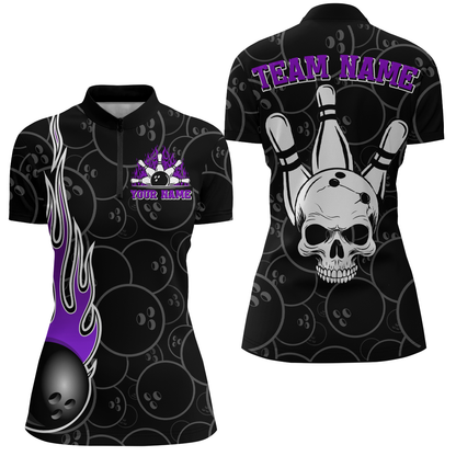 Women Skull Bowling Jersey Custom Bowling Team Shirts Unisex Bowling Women Short Sleeve Quarter-zip Shirt CP30