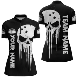 Black Skull Bowling Jersey Women Custom Bowling Team Shirts Bowling Women Quarter-zip Shirt CP31