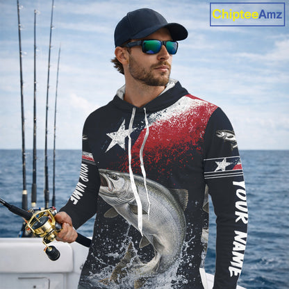 Custom Vintage Chinook Salmon Long Sleeve Hooded Patriotic Fishing Shirt For Men, Salmon Texas Flag Fishing Shirt NHT765