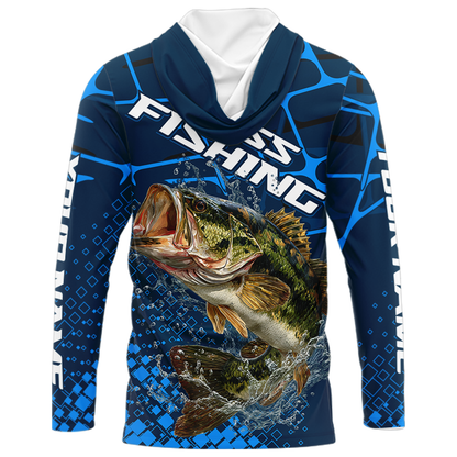 Largemouth Bass Fishing, Fishing Shirts Long Sleeve Hooded, Fishing Gift  | Blue NHT385