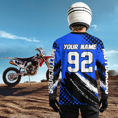 Personalized Blue Racing Jersey Motocross for Men Women Kid Upf30+ Youth Off-Road Racing Jersey DNT02