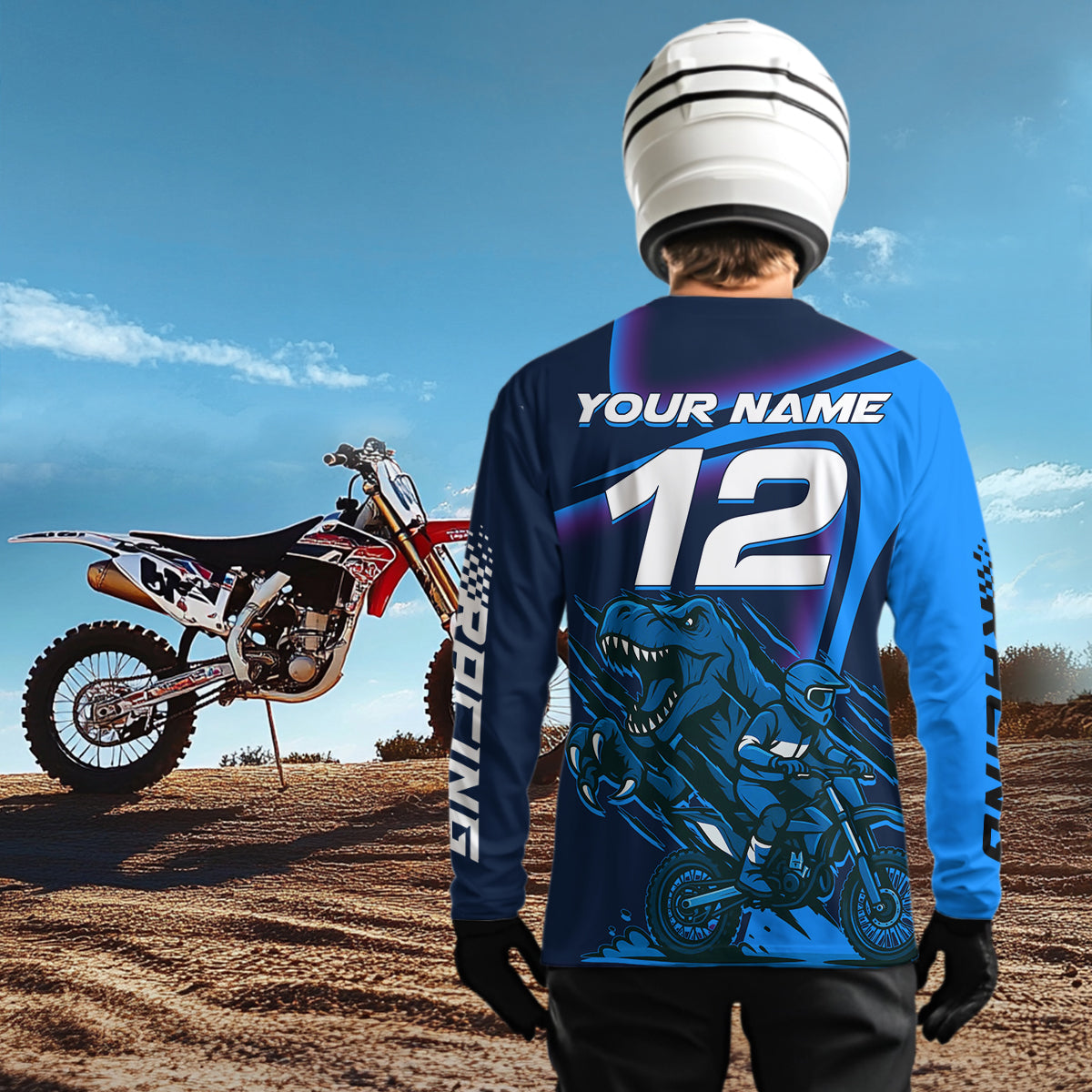Dinosaur Motocross Jersey Custom Blue Dirt Bike Jersey for Women Men Kid Upf30+ XM366