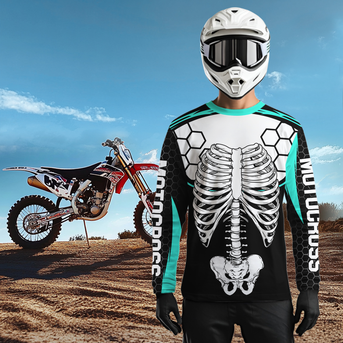Turquoise Bone Motocross Racing Jersey UPF30+ MX Racing Dirt Bike Jersey Kid Men Women DNT01