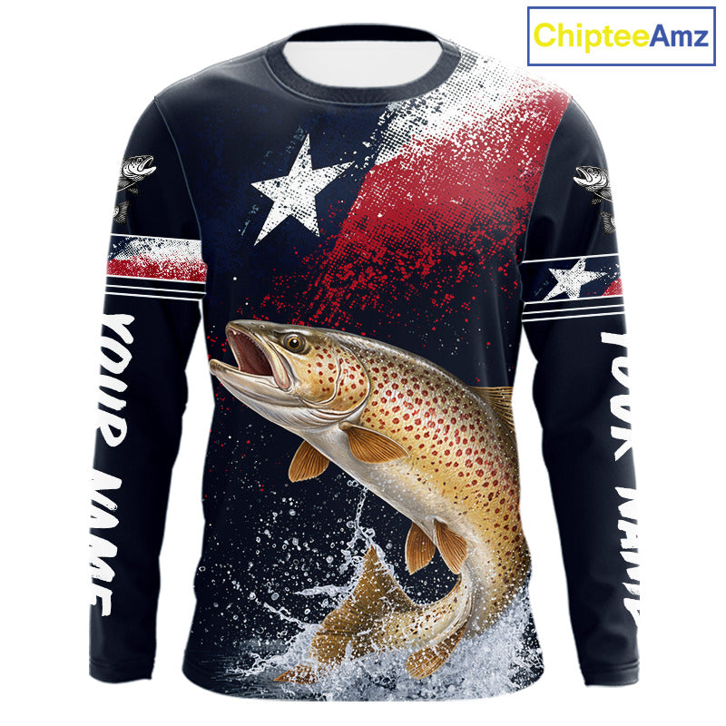Custom Vintage Brown Trout Long Sleeve Patriotic Fishing Shirt For Men, Trout Texas Flag Fishing Shirt NHT767