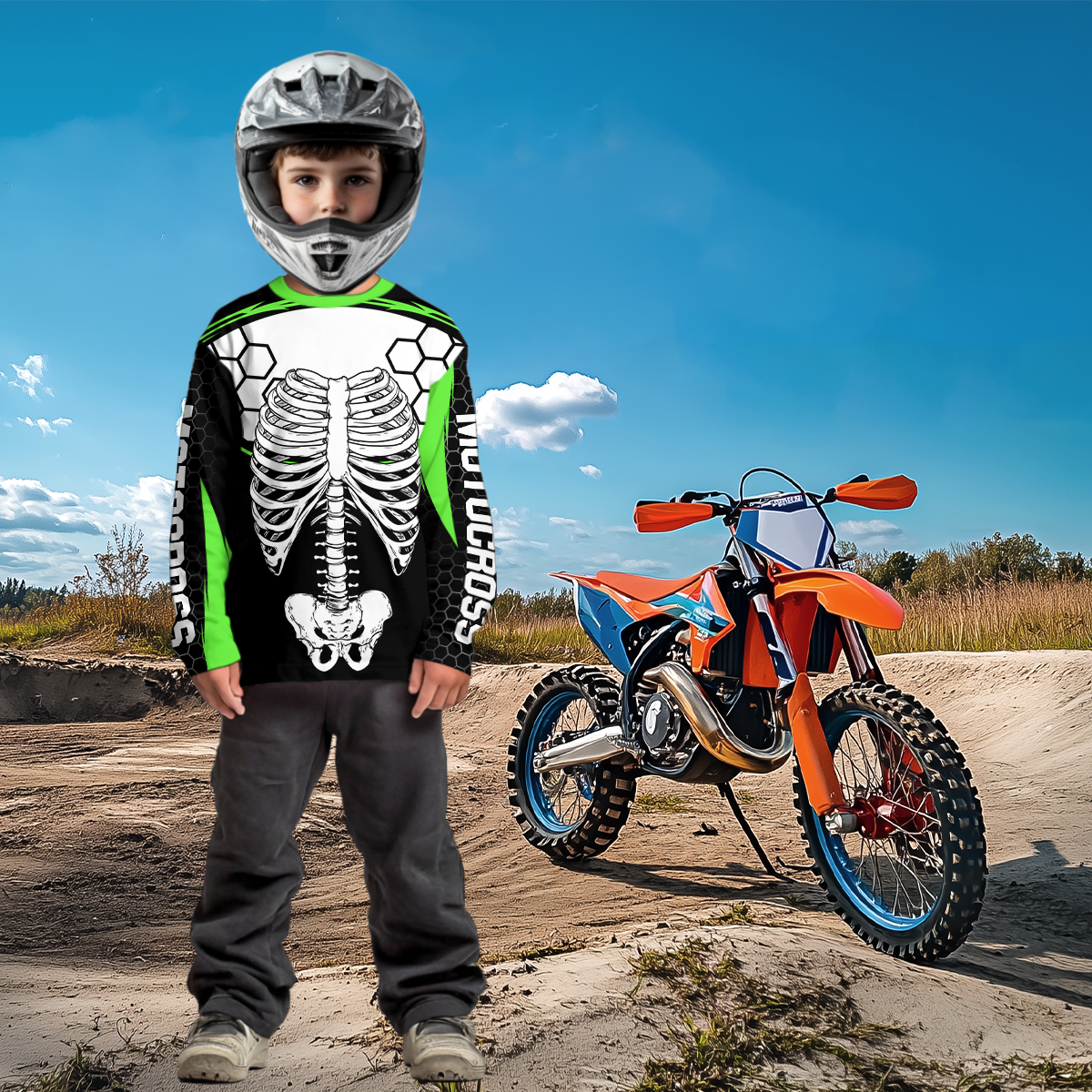 Green Bone Motocross Racing Jersey UPF30+ MX Racing Dirt Bike Jersey Kid Men Women DNT01