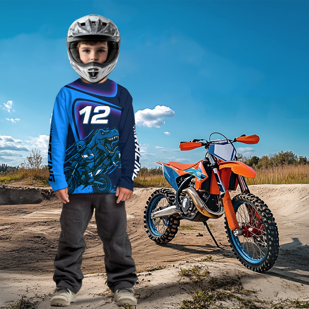 Dinosaur Motocross Jersey Custom Blue Dirt Bike Jersey for Women Men Kid Upf30+ XM366