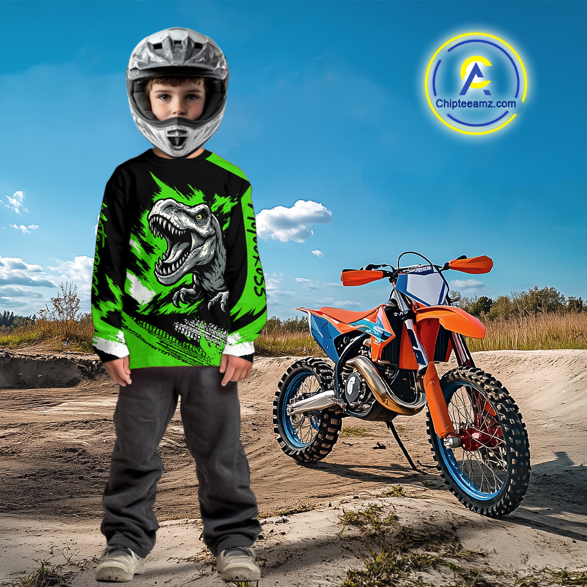 Green Dinosaur Motocross Racing Jersey UPF30+ MX Racing Dirt Bike Jersey Kid Men Women DNT05
