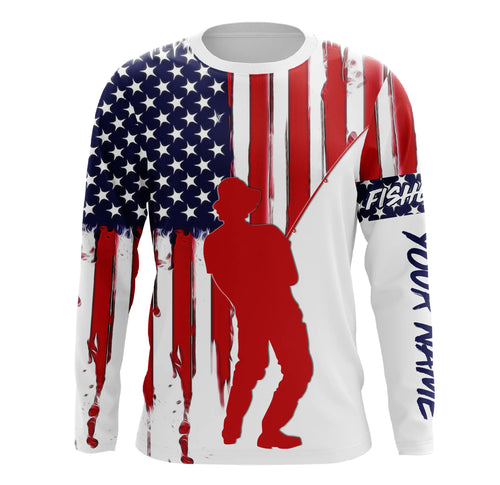 American Flag Fisherman Performance Custom Name Long Sleeves Patriotic Fishing Shirts TTN126