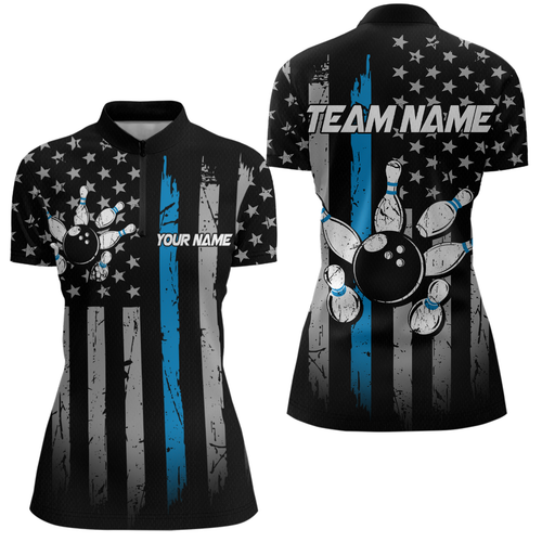 US Blue Flag Bowling Shirt for Women Custom Name Polo & Quarter-Zip Bowling Jersey Bowling Team Shirt HNT23