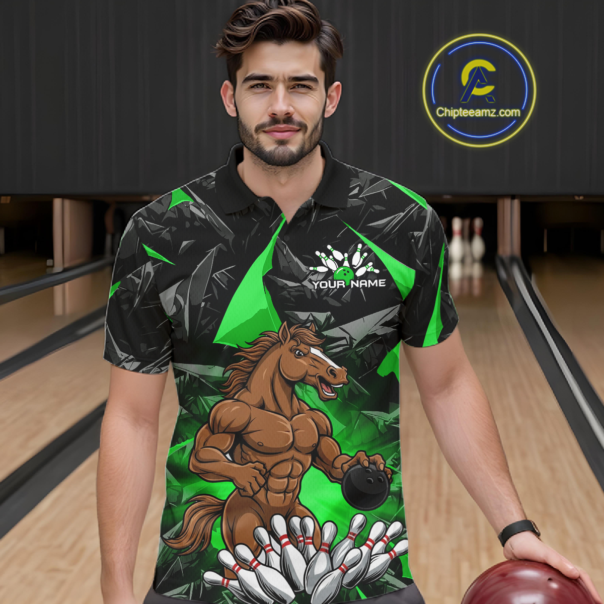 Custom Green Funny Horse Bowling Jersey for Men Bowling Team Shirts Bowling League Polo & 1/4 Zip HNT183